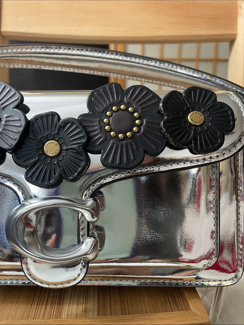 Coach Tabby 20 in Mirror Silver with Five Black Tea Roses NWT